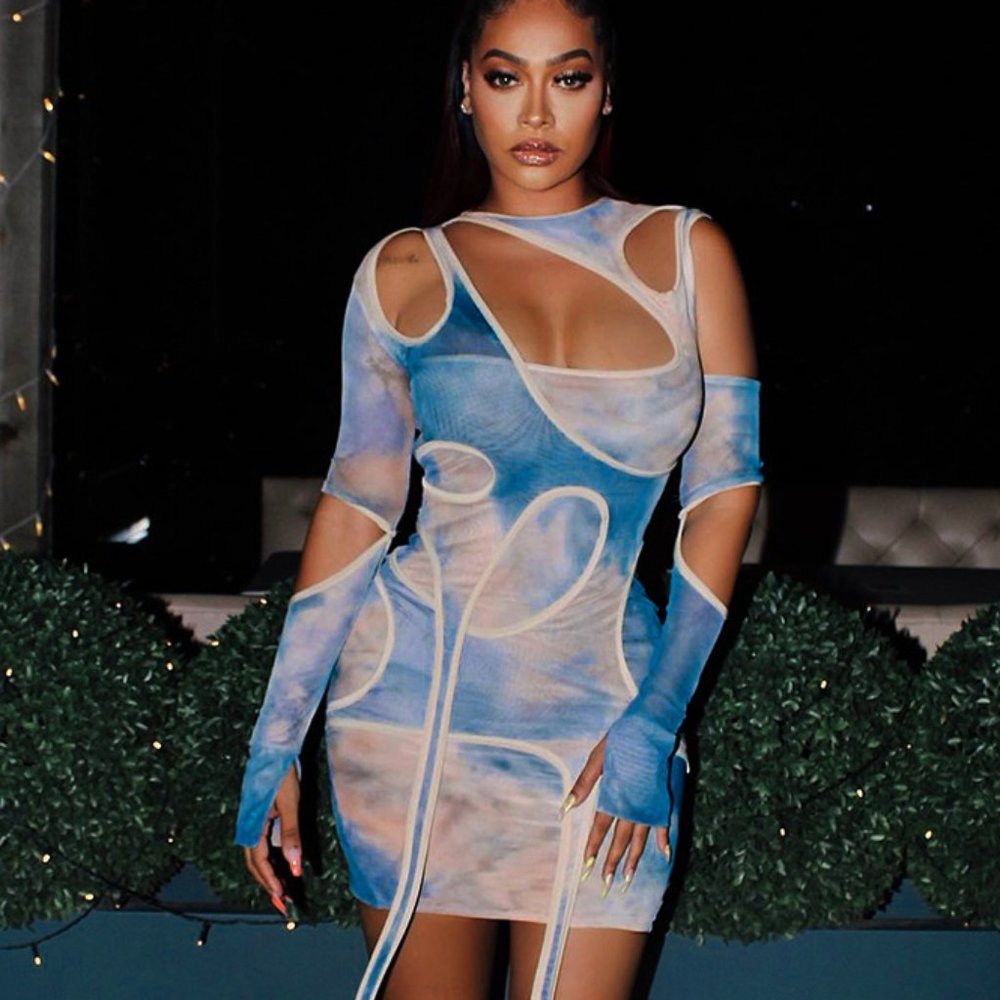 Sexy Tie Dye Irregular Cut Out Long Sleeve Bodycon Dress  SIZE L but runs small
